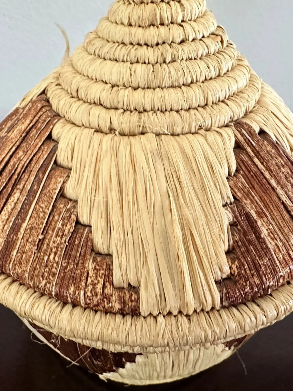 Vintage Coiled Lidded Handwoven Raffia Basket African Tribal 6” Decorative